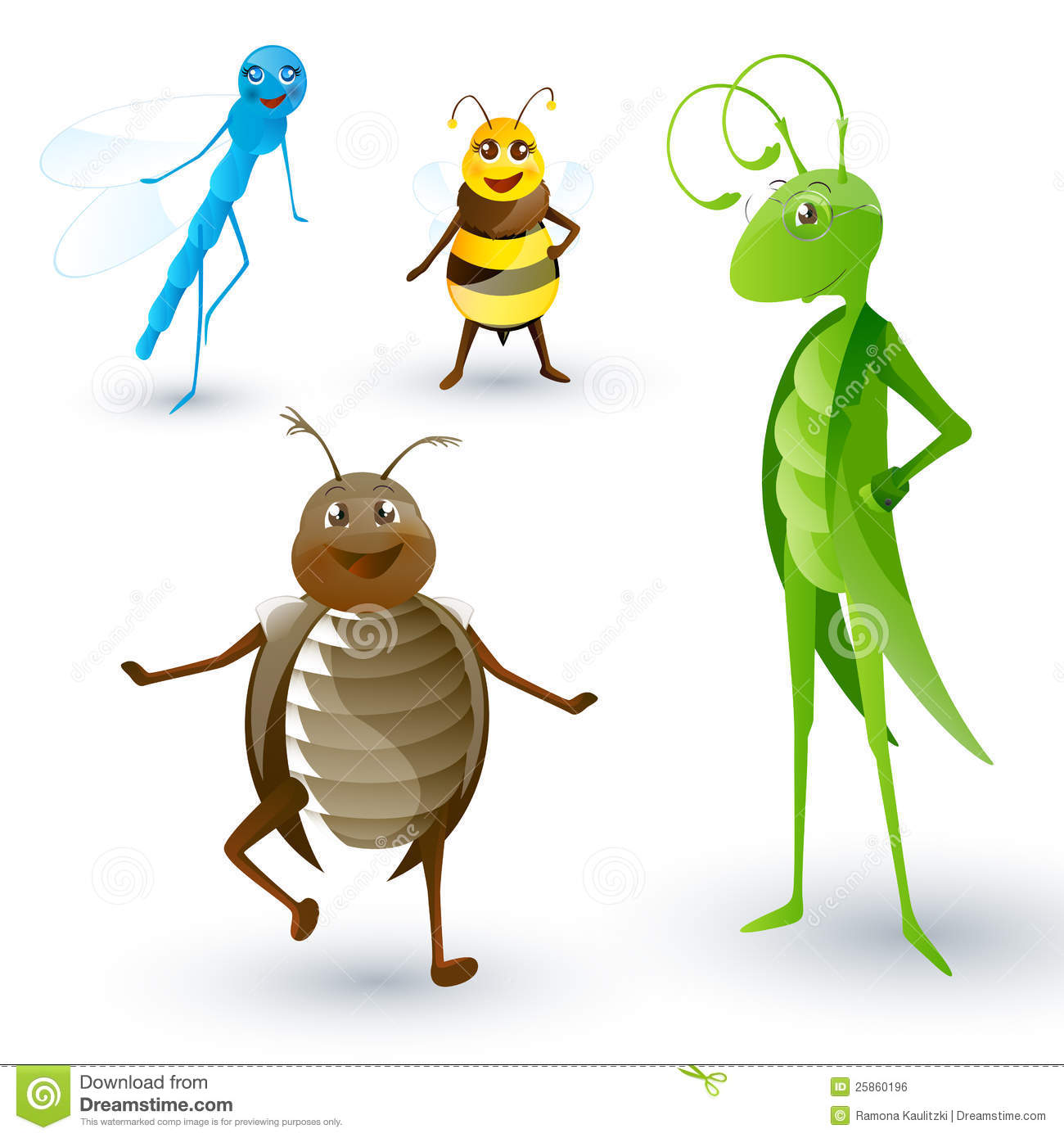 Cute Cricket Insect Clipart Set With Cartoon Insects