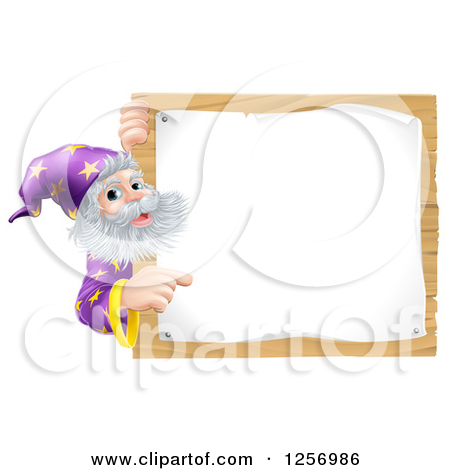 Senior Wizard Pointing Around A Posted Notice Sign On Wood