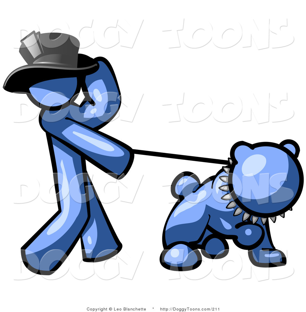 Swanky Blue Man Walking A Tough Bulldog On A Leash White Man Walking A