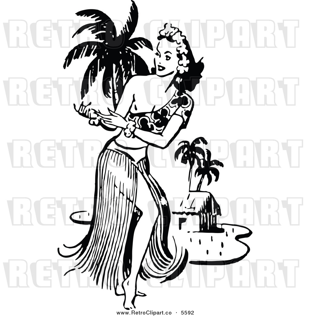 Vector Clipart Of A Retro Black And White Topless Hawaiian Hula Dancer
