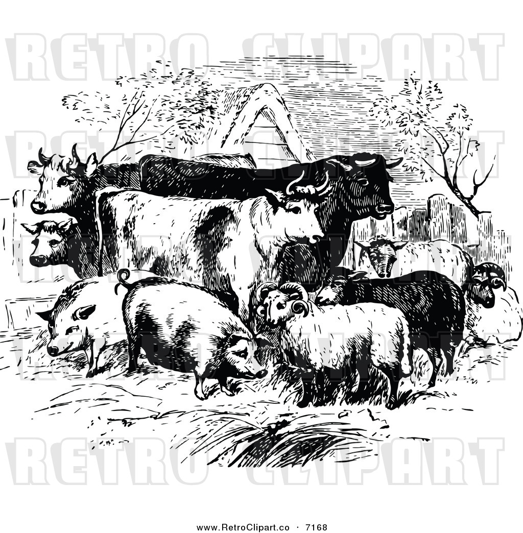 Vector Clipart Of Retro Black And White Livestock Farm Animals