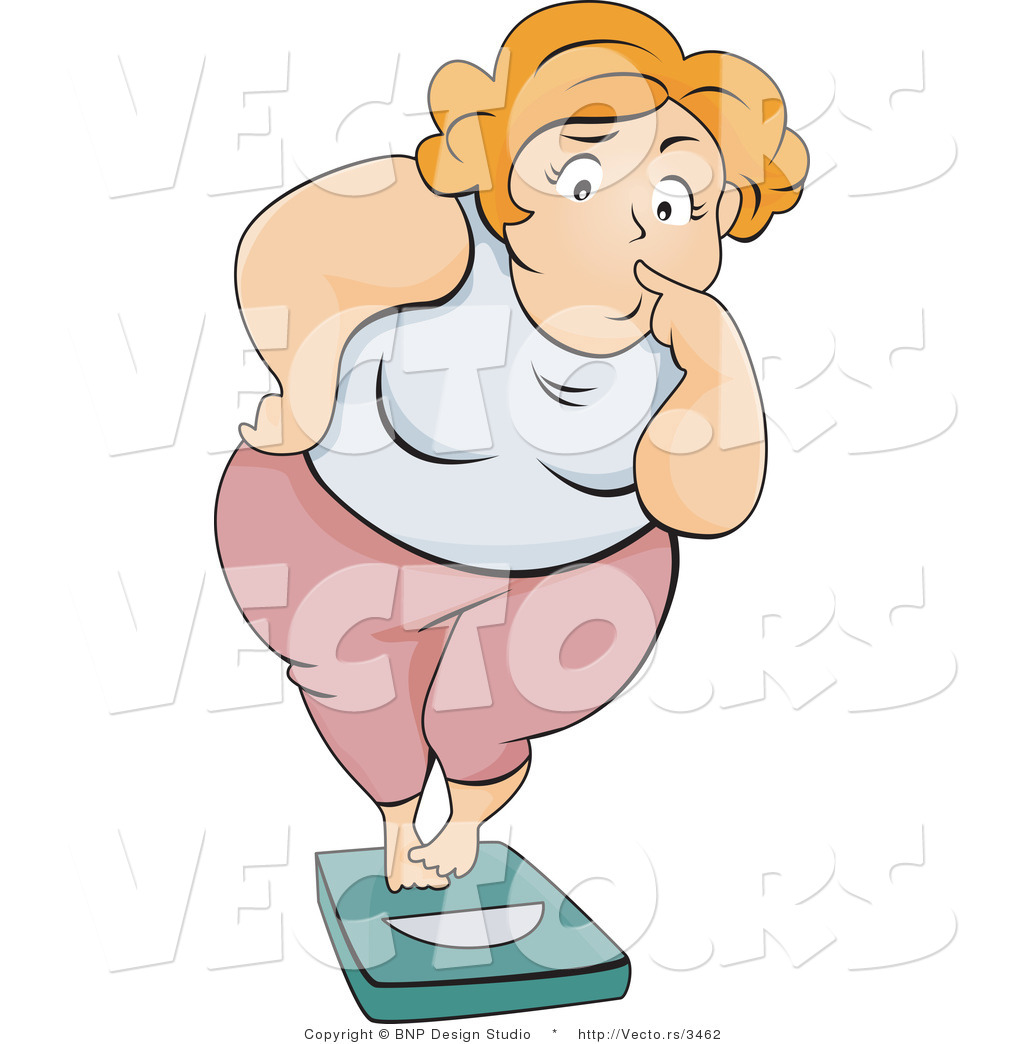 Vector Of Overweight Girl Standing On A Scale With A Nervous