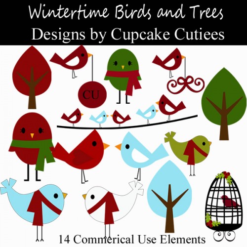 Winter Birds Digital Commerical Use Clip Art Elements Christmas