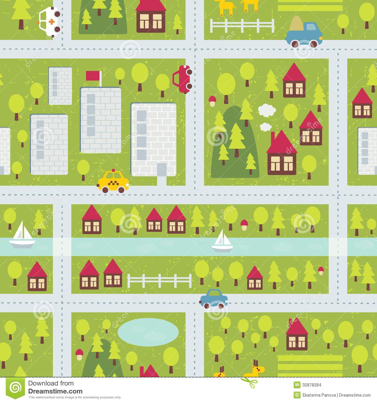 Cartoon Map Seamless Pattern Of Small Town And Countryside  Vector