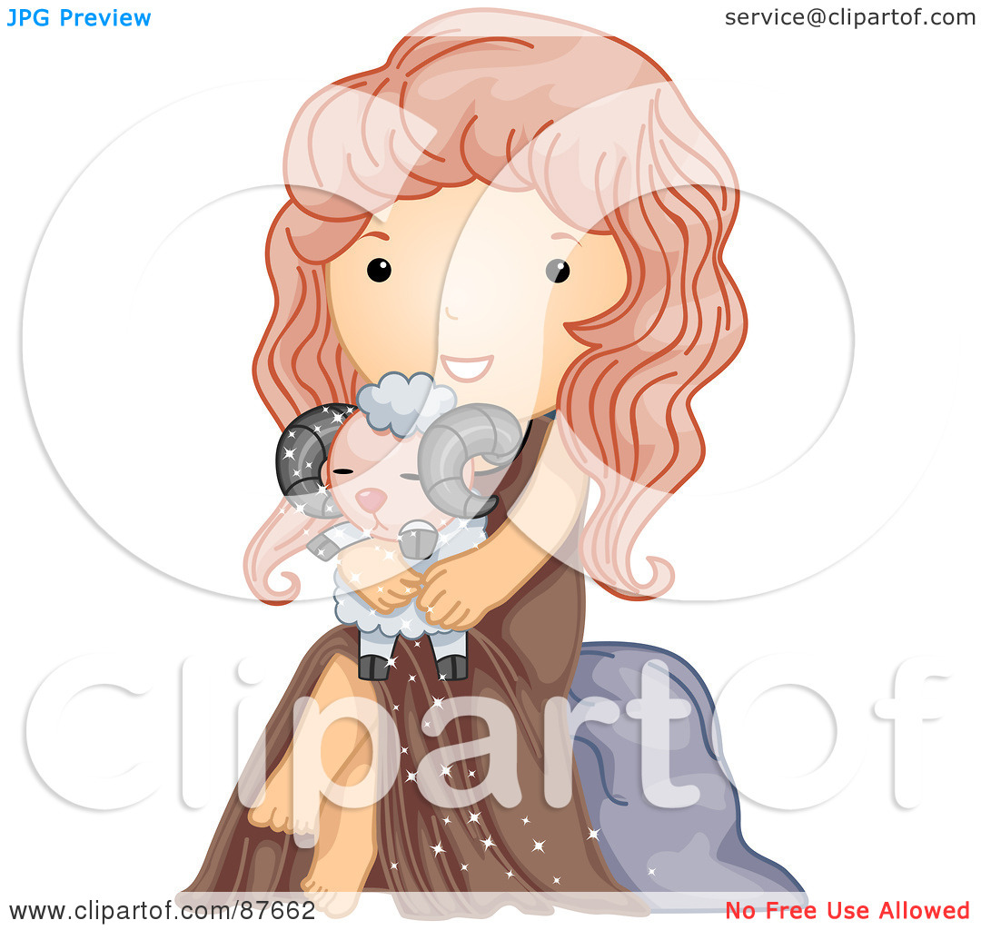 Clipart Illustration Of An Astrological Cute Aries Girl Holding A Ram