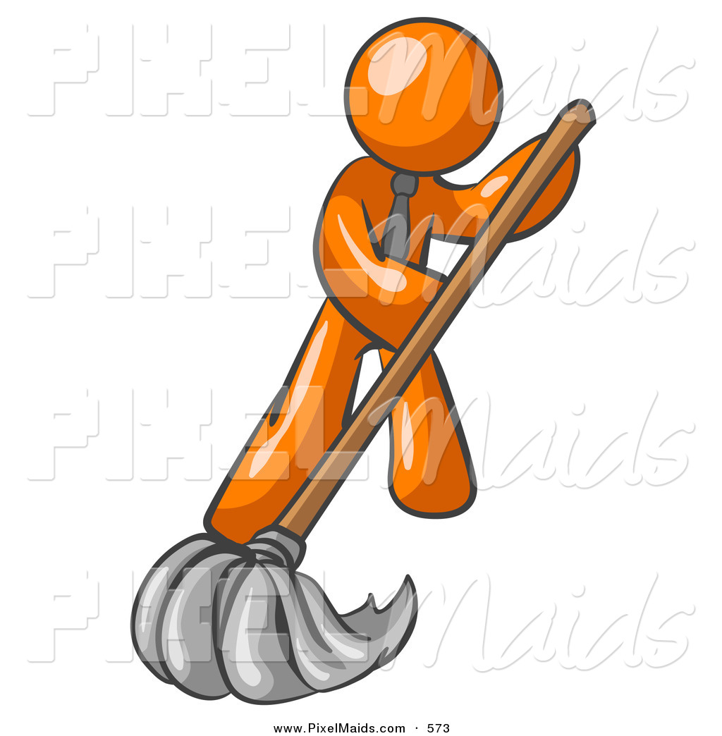 Clipart Of A Helping Orange Man Wearing A Tie Using A Mop While
