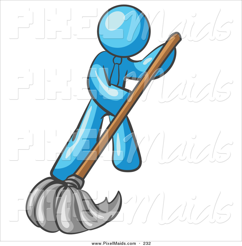 Clipart Of A Light Blue Businessman Wearing A Tie Using A Mop While