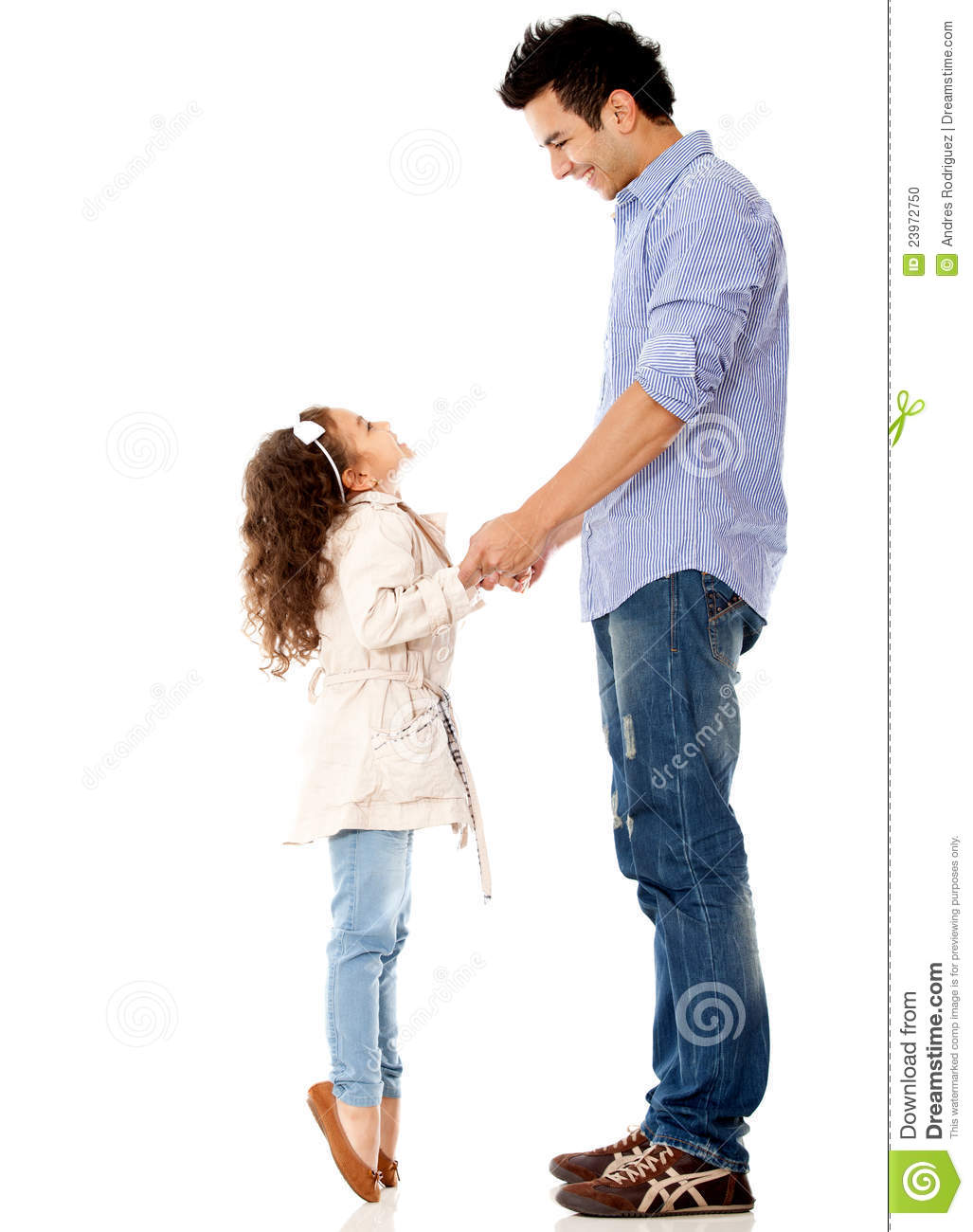 Girl Reaching Her Dad   Isolated Over A White Background