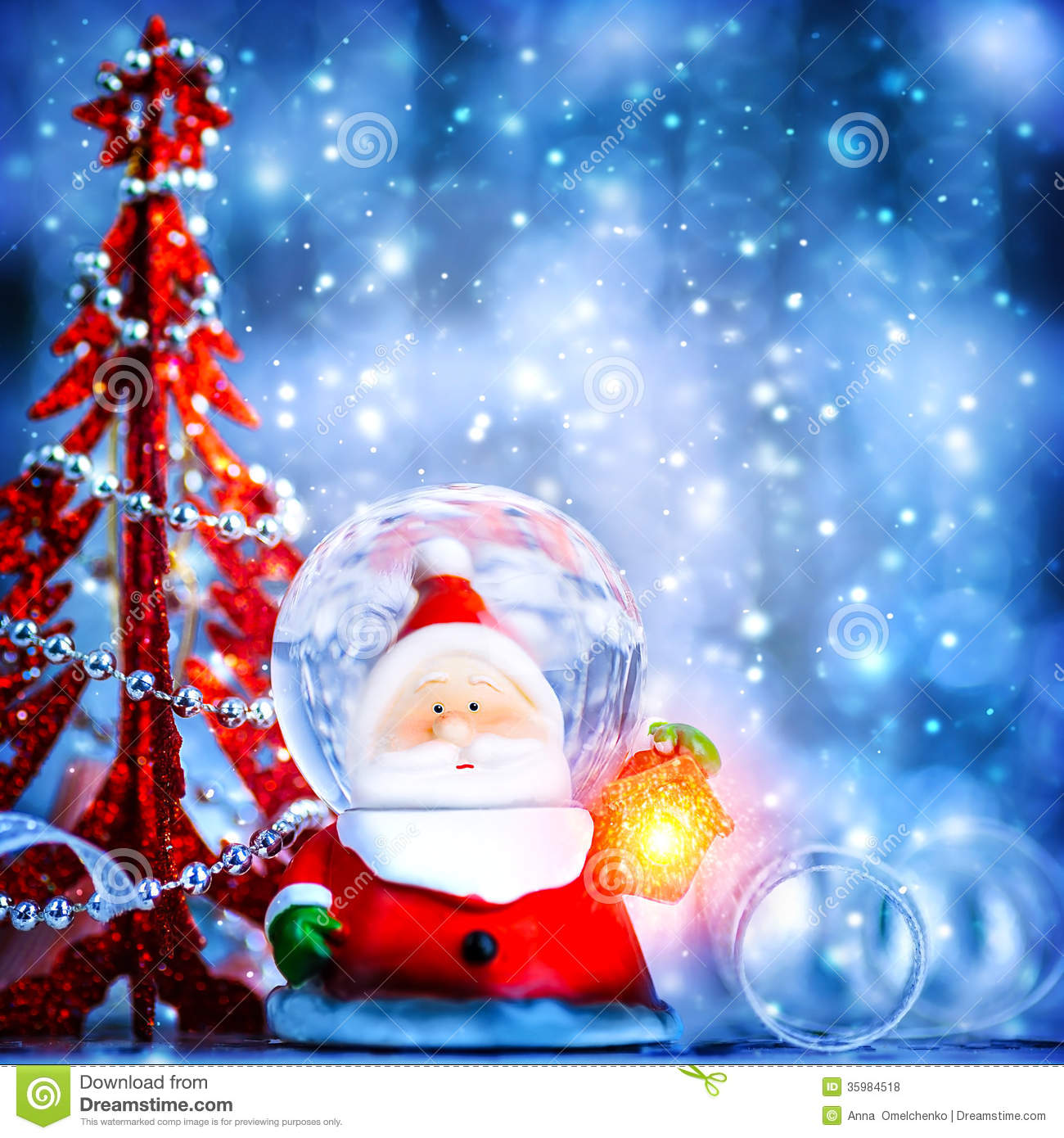 Blue Christmas Background With Cute Snow Globe Santa Claus Border Over    