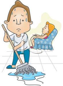 Husband Mopping While His Wife Rest   Royalty Free Clipart Picture