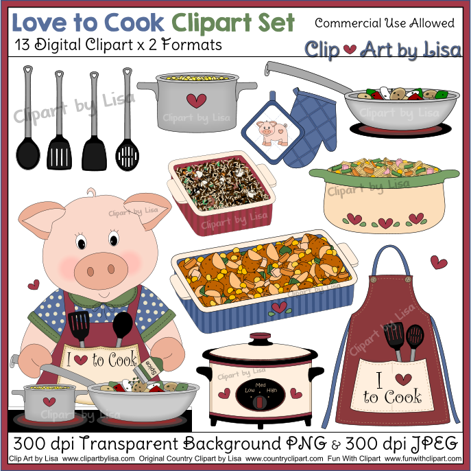 13 Digital Clipart X 2 Formats Love To Cook Clipart Set Commercial Use
