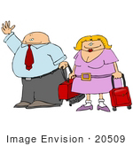 20509 Clipart Of A Couple Waving And Carrying Luggage In An Airport    