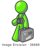 36689 Clip Art Graphic Of A Lime Green Guy Character Tourist With A    