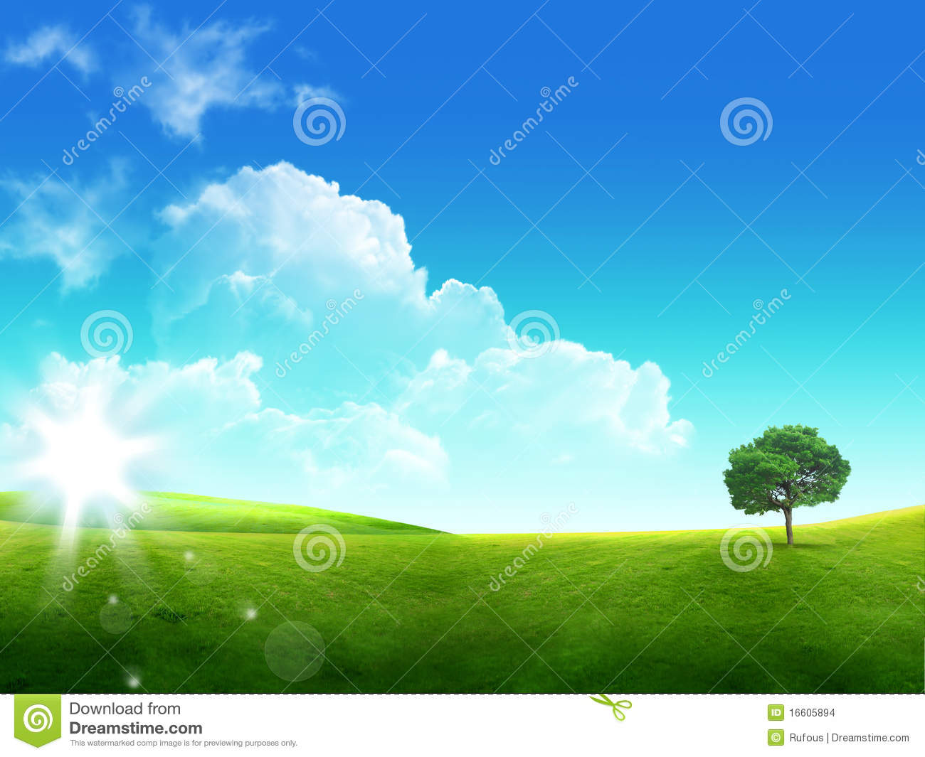 Green Grass And Blue Sky With Clouds And Tree Stock Images   Image