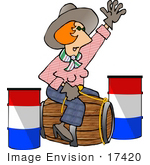 Haired Cowgirl Woman Riding A Woodel Barrel Instead Of A Horse Clipart