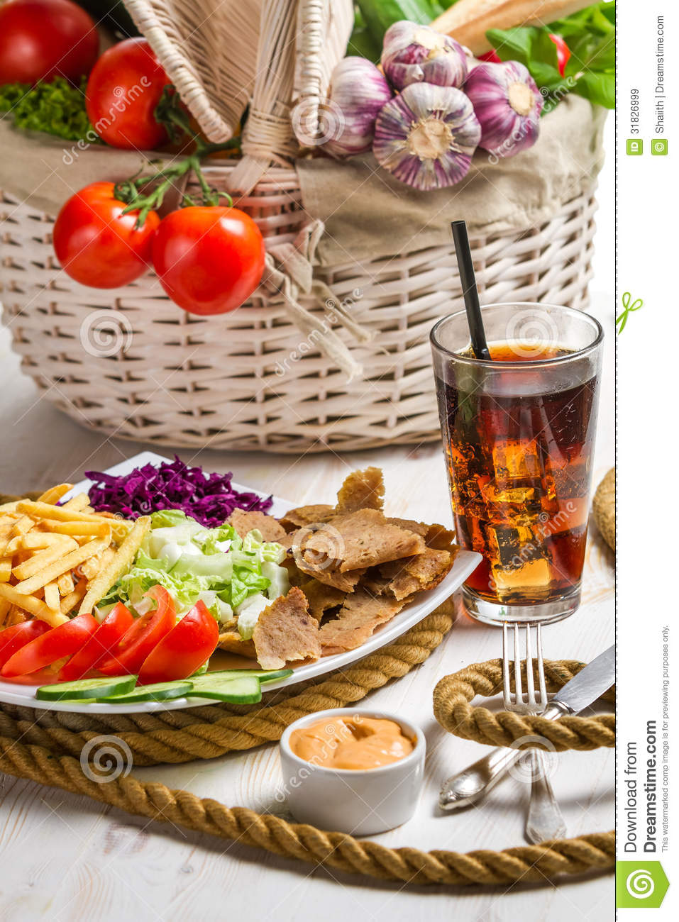 Main Dish Made With Vegetables And Meat Kebab On White Background 