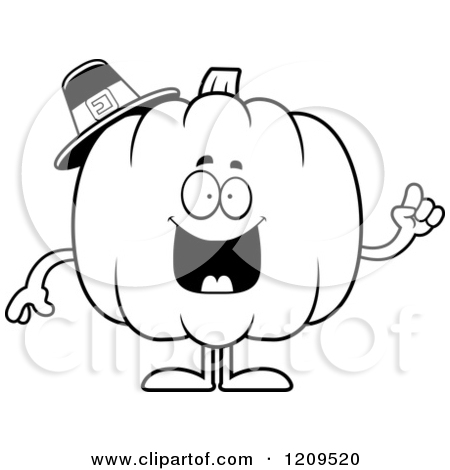 Black And White Smart Pilgrim Pumpkin Mascot Holding Up A Finger
