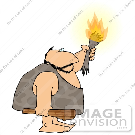 Caveman Holding A Lit Torch And Wooden Club Weapon Clipart    19355 By