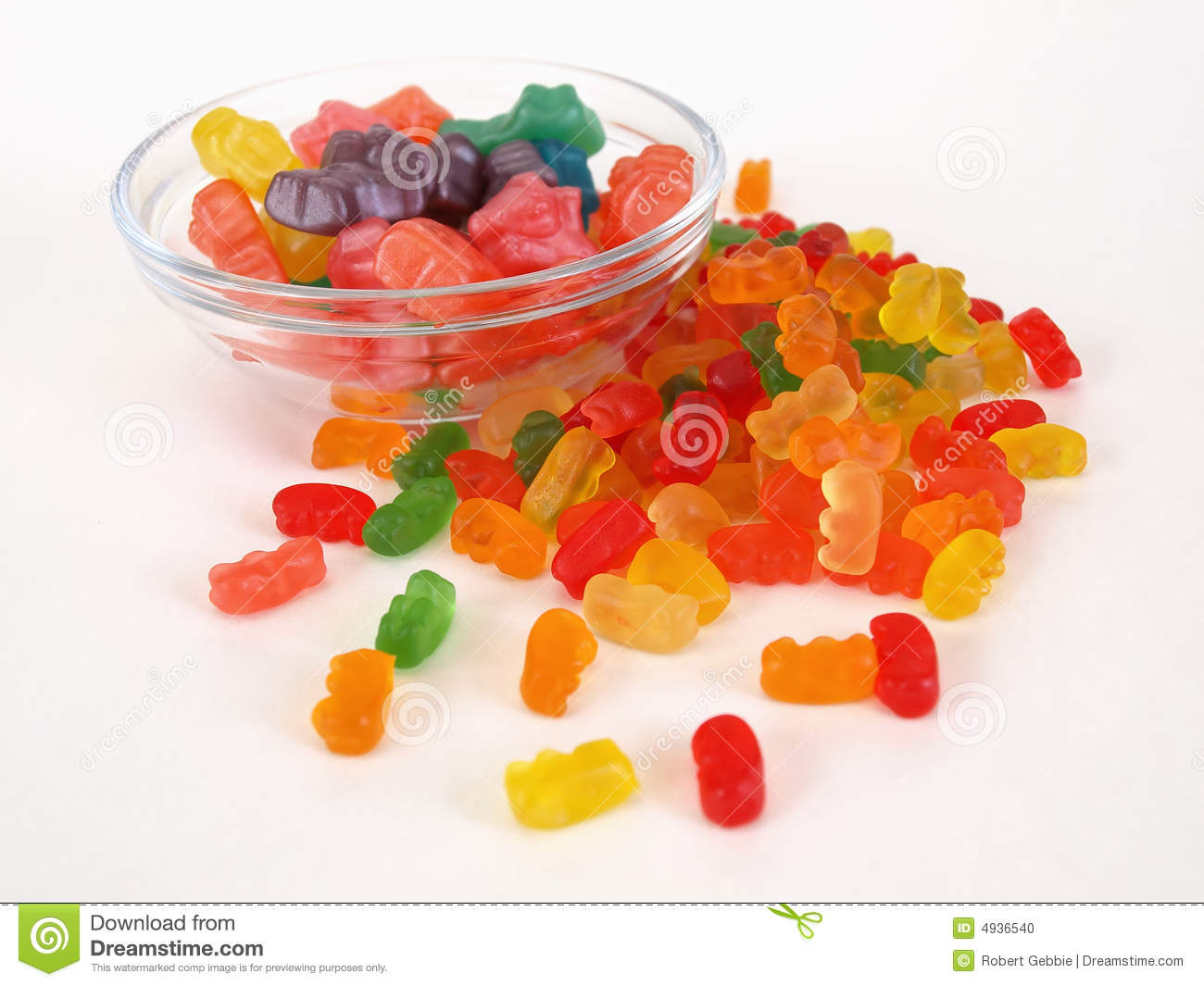 Gummy Bear Shaped Candies In And Out Of A Clear Glass Dish Over A