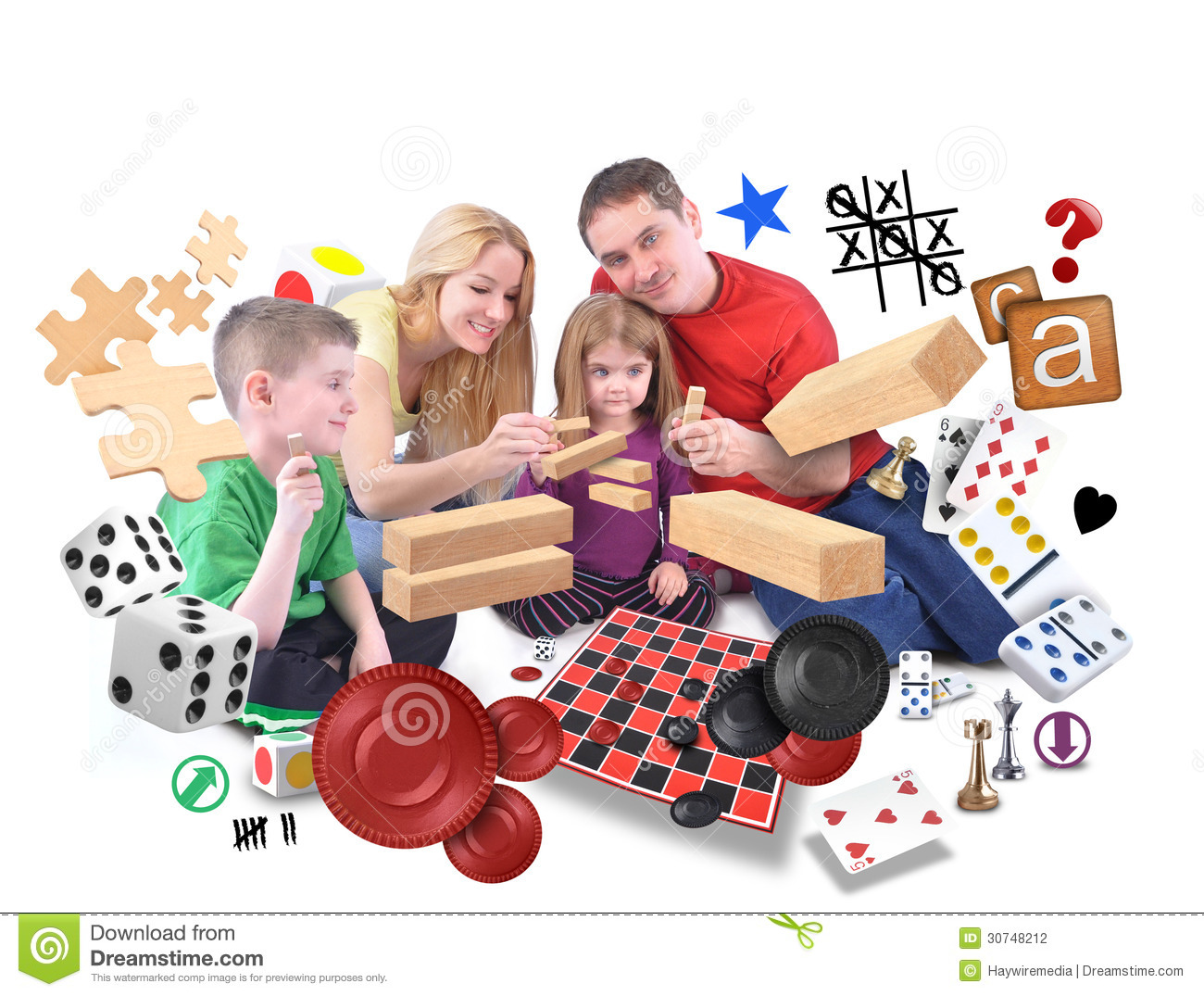 Happy Family Is Playing With Various Games Of Puzzles Blocks And