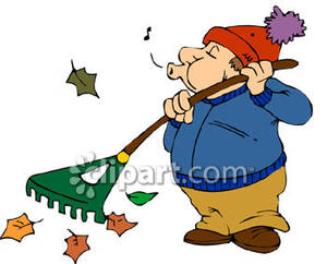 Man Whistling While Raking Leaves Royalty Free Clipart Picture