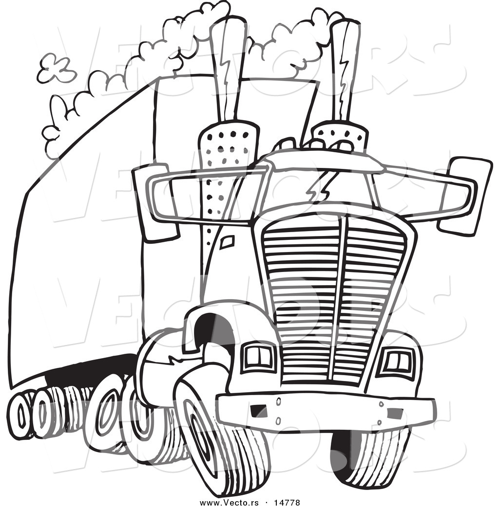 Vector Of A Cartoon Big Rig Releasing A Lot Of Exhaust   Coloring Page