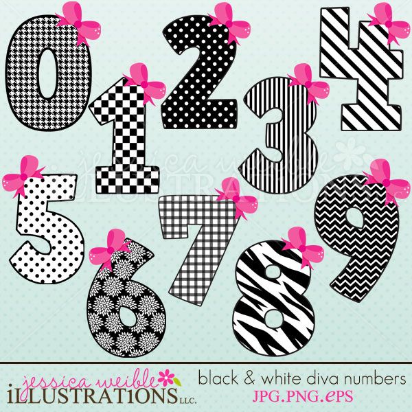 Black   White Diva Numbers Clipart Set Comes With 10 Cute Graphics    