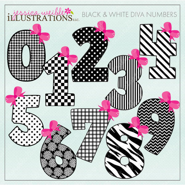 Black   White Diva Numbers Cute Digital Clipart By Jwillustrations
