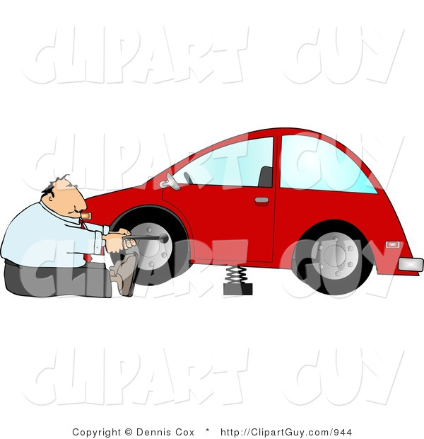 Businessman Changing A Flat Tire On A Red Compact Car By Djart    944