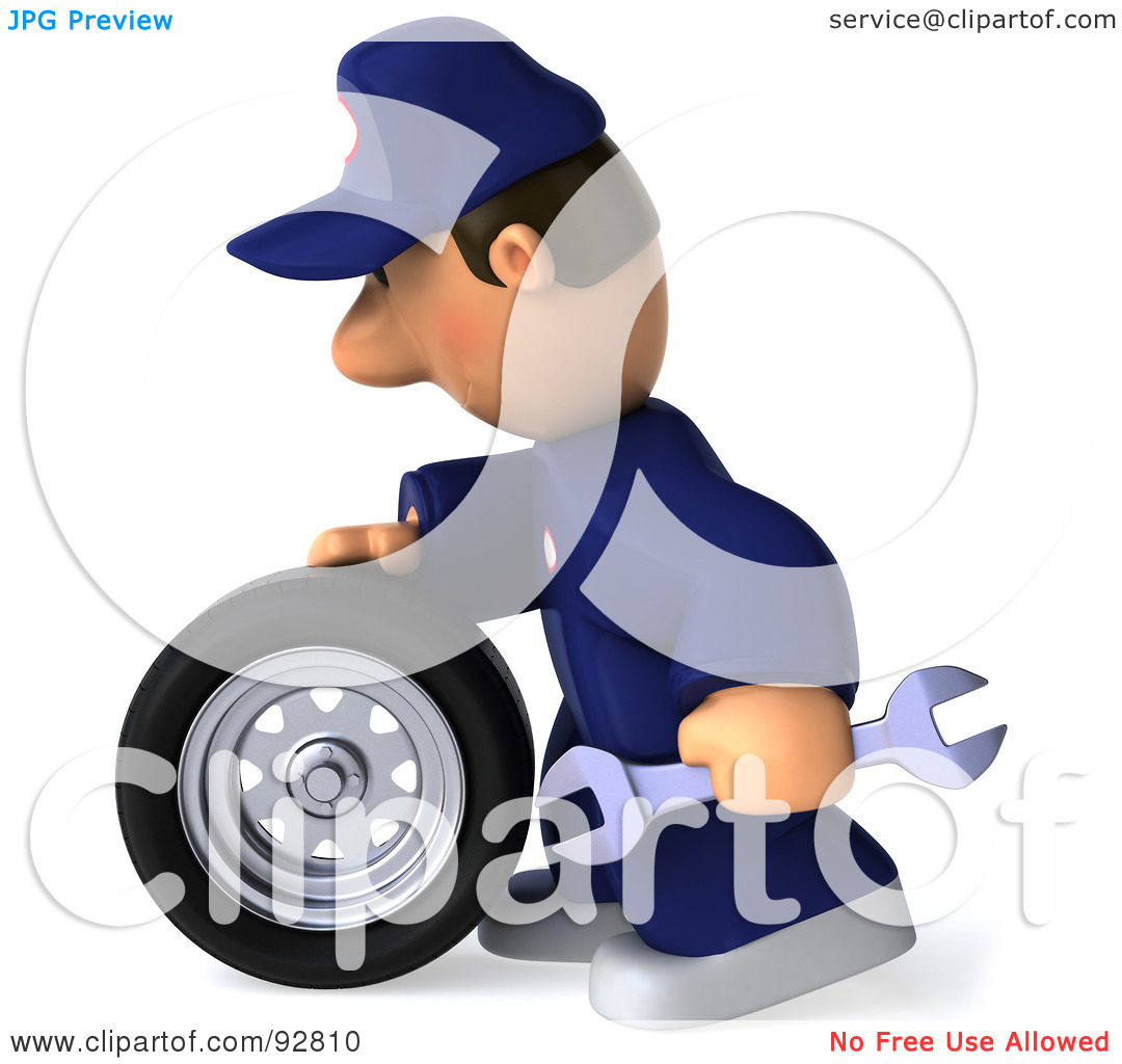 Clipart Illustration Of A 3d Toon Guy Auto Mechanic With A Tire   3 By