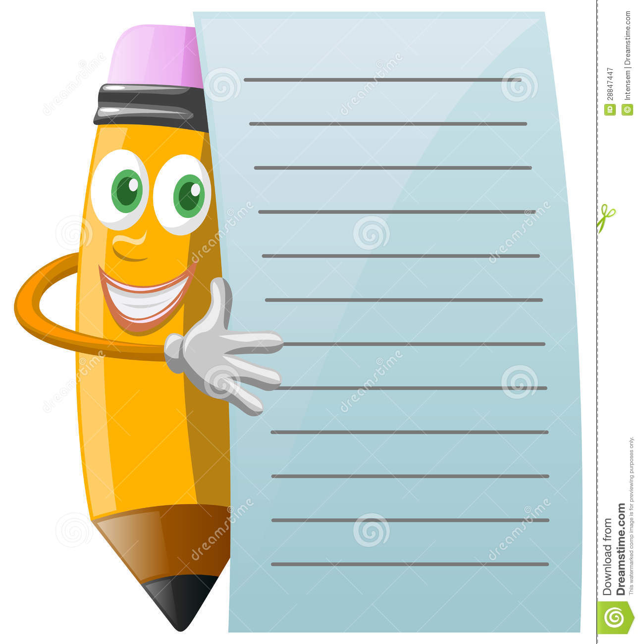 Smiling Fun Pencil Character Standing Behind Notepaper And Holding It