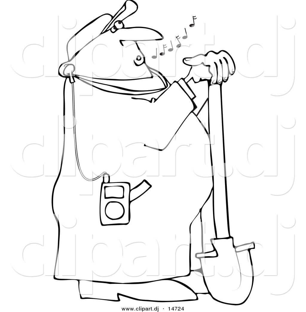 Vector Clipart Of A Cartoon Worker Leaning On Shovel While Listening    