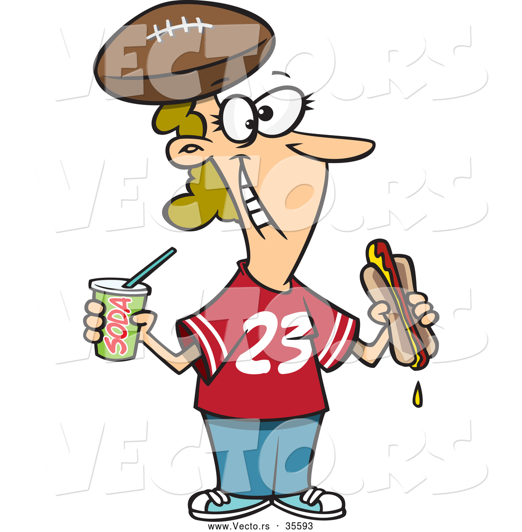 Cartoon Female Football Fan With Hot Dog Soda And Football Hat By