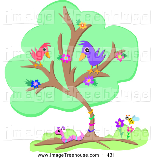Clipart Of A Pretty Flowering Tree With Two Birds A Worm And A Honey    