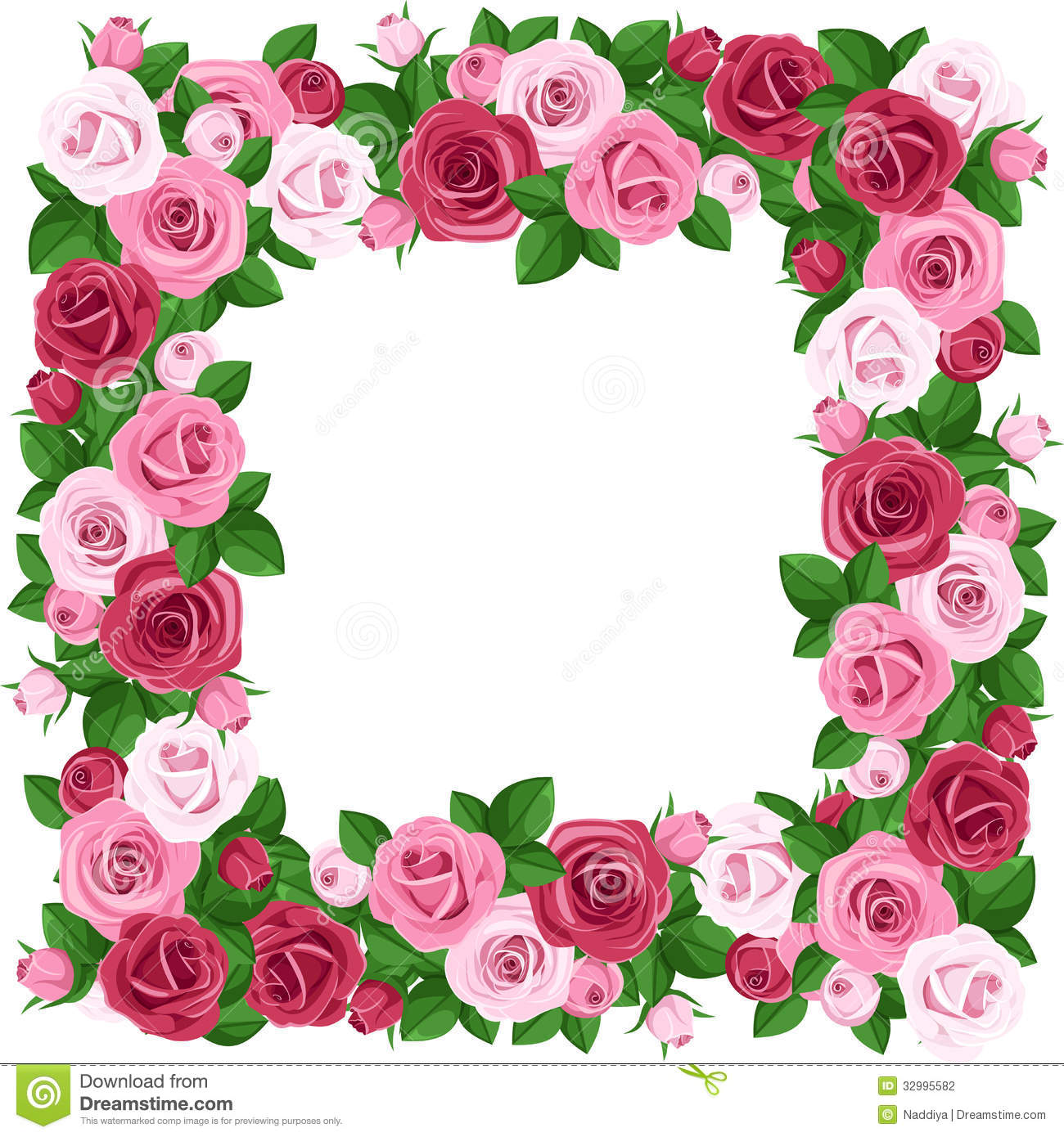 Pink Rose Border Clip Art Frame Red Pink Roses Rosebuds Green Leaves