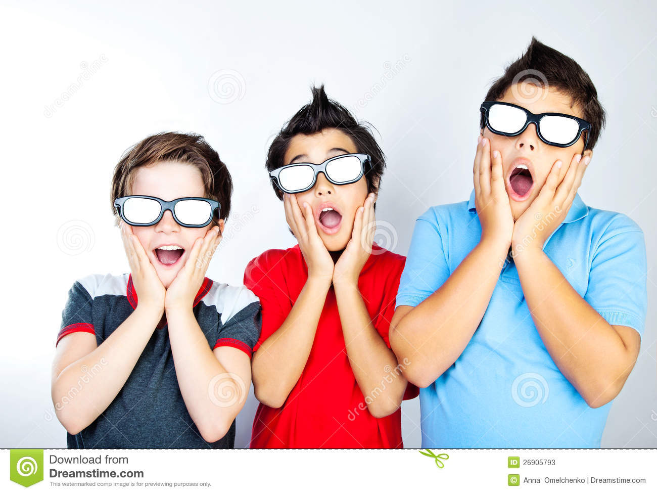 Preteen Boys Having Fun Wearing 3d Movie Glasses And Watching Cinema