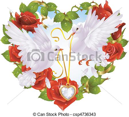 Rose Garland In The Shape Of Heart And Couple Dove