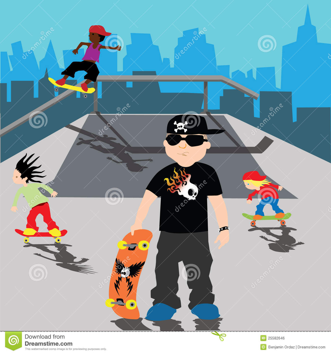 Skater Bully On Skate Park With Kids Playing Over City Background