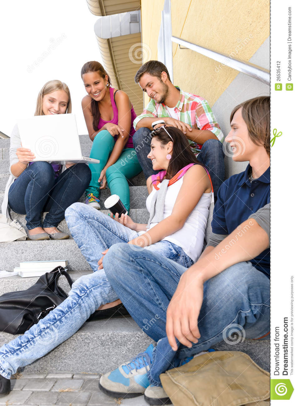 Students Having Fun With Laptop School Stairs Teens College Laughing