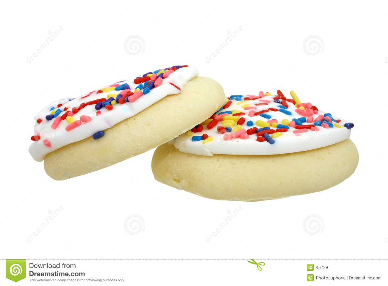 Two White Iced And Sprinkled Sugar Cookies On White 