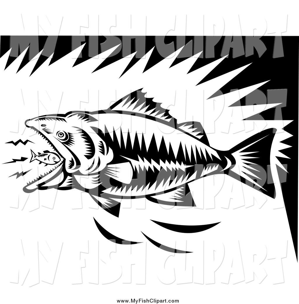 Art Of A Black And White Woodcut Largemouth Bass Eating A Tiny Fish