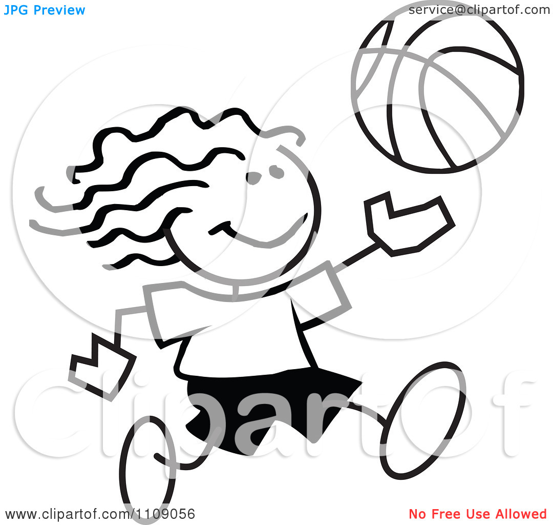 Clipart Black And White Sticker Basketball Player Girl   Royalty Free