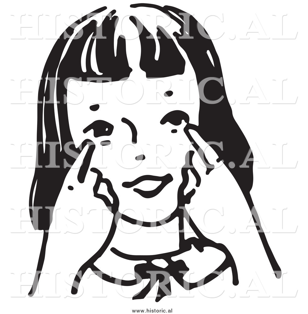 Clipart Of A Girl Pointing Towards Her Eyes   Black And White Outline