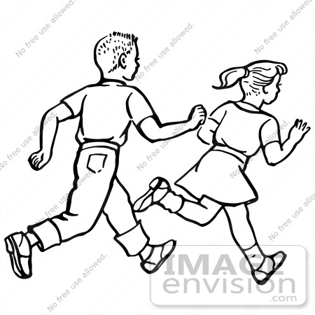 Clipart Of A Retro Boy And Girl Running In Black And White   Royalty
