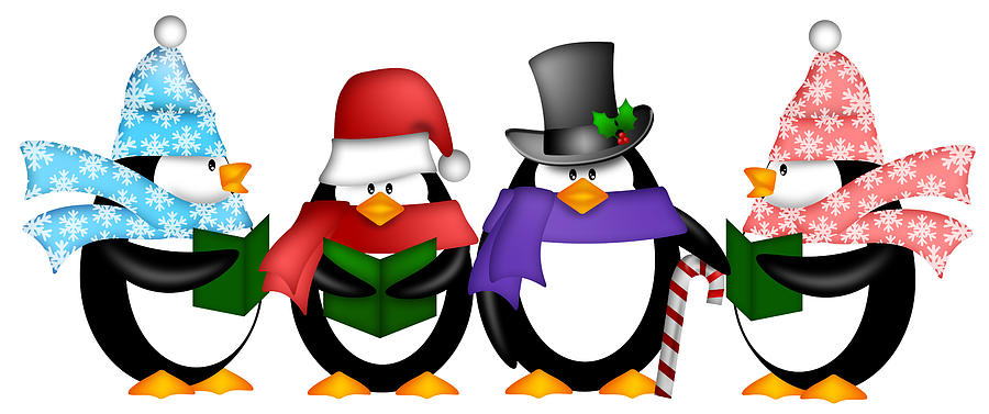 Penguins Singing Christmas Carol Cartoon Clipart Digital Art