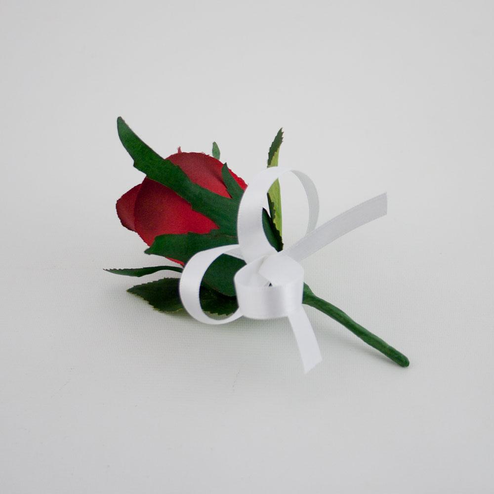 Buttonhole Is Composed Of A Red Burgundy Rose With A White Satin