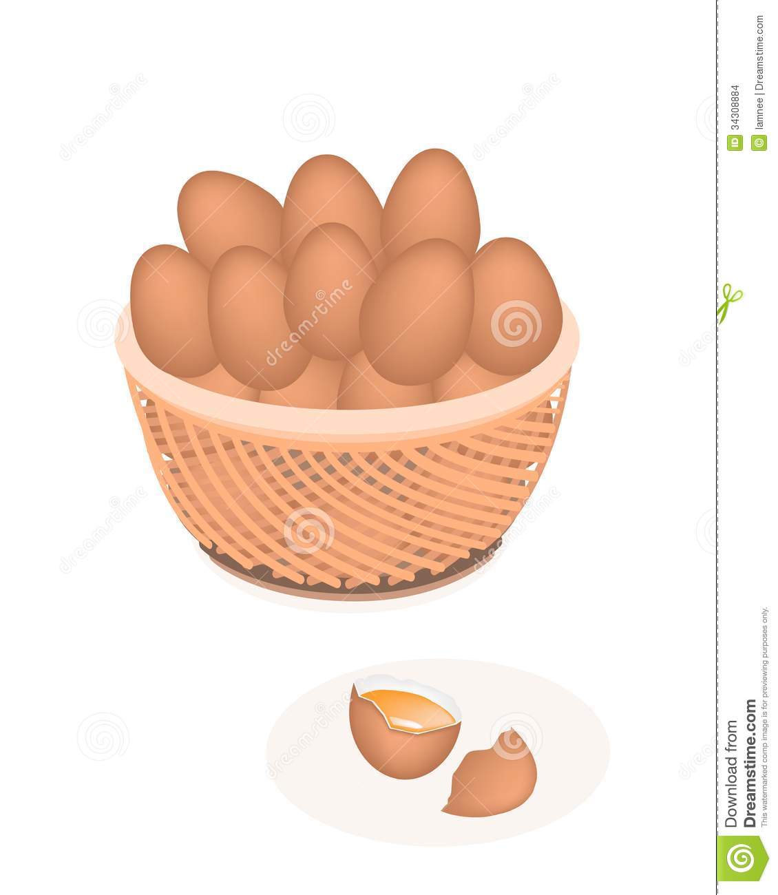 Chicken Eggs In A Wicker Basket And Cracked Egg On White Backgrounds