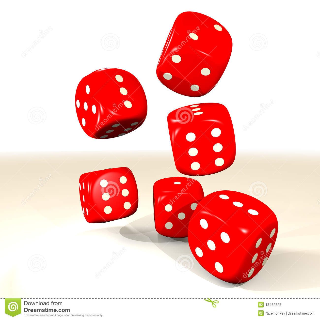 Collection Of Six Red Dice With White Dots And White Background 