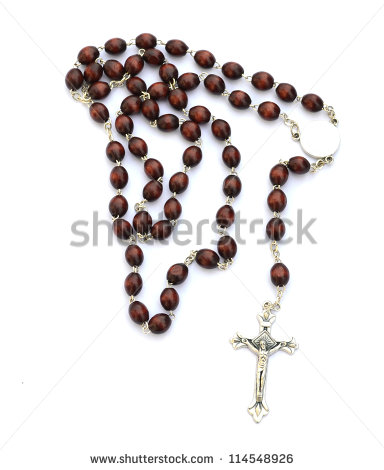 Rosary With Brown Beads And Silver Cross Isolated On White Background