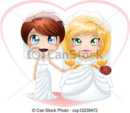 Vetor   L Sbica Noivas Em Vestidos Obtendo Casado   Estoque De
